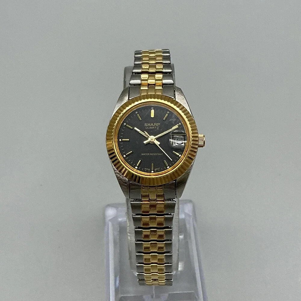 Vintage Sharp Womens Watch 24mm Black Dial Two Tone Stretch Band New Battery